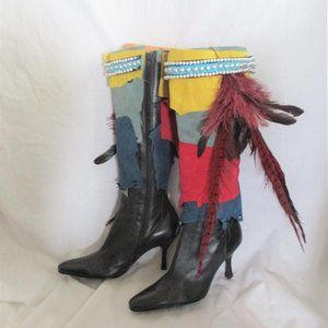 Handmade Upcycled ENZO ANGIOLINI Knee High Boot Feather Boho Hippie 7 Leather
